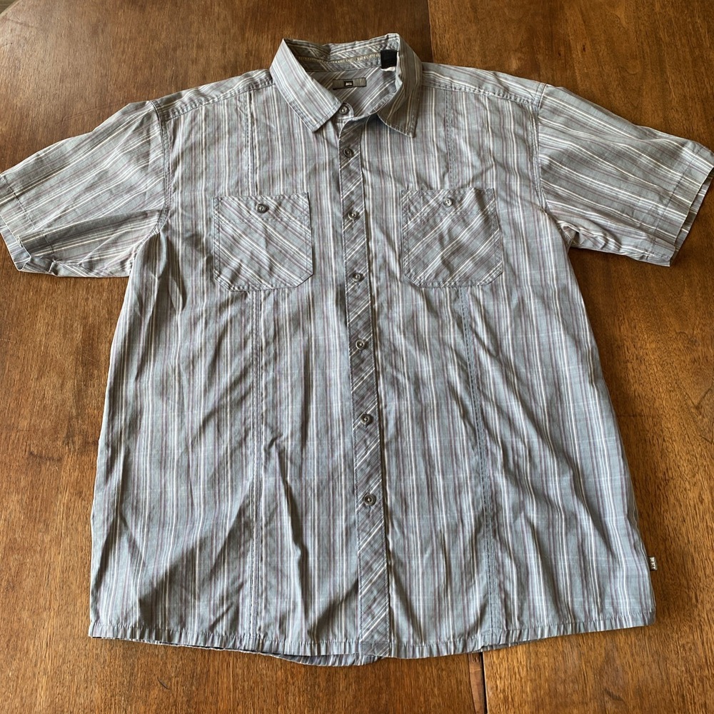 REI Shirt Mens XL Short‎ Sleeve Snap Front Stripes Pockets Outdoors Gray